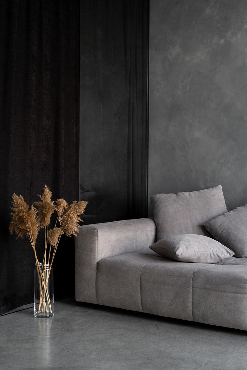 Grey Couch With Grey Walls And Brown Plant