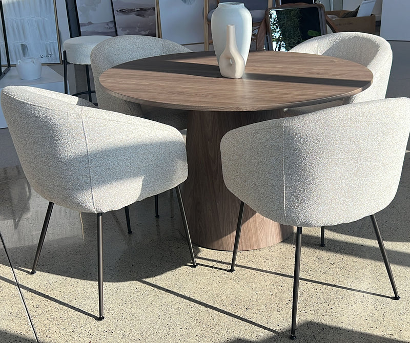 Round dining table with contemporary oatmeal dining chairs