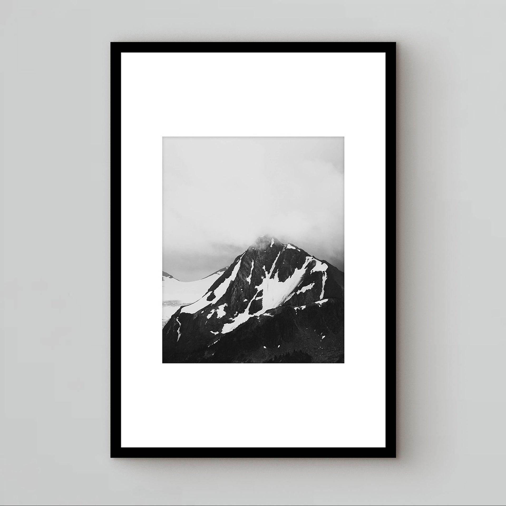 black and white photography for a gallery wall of a snowy mountain