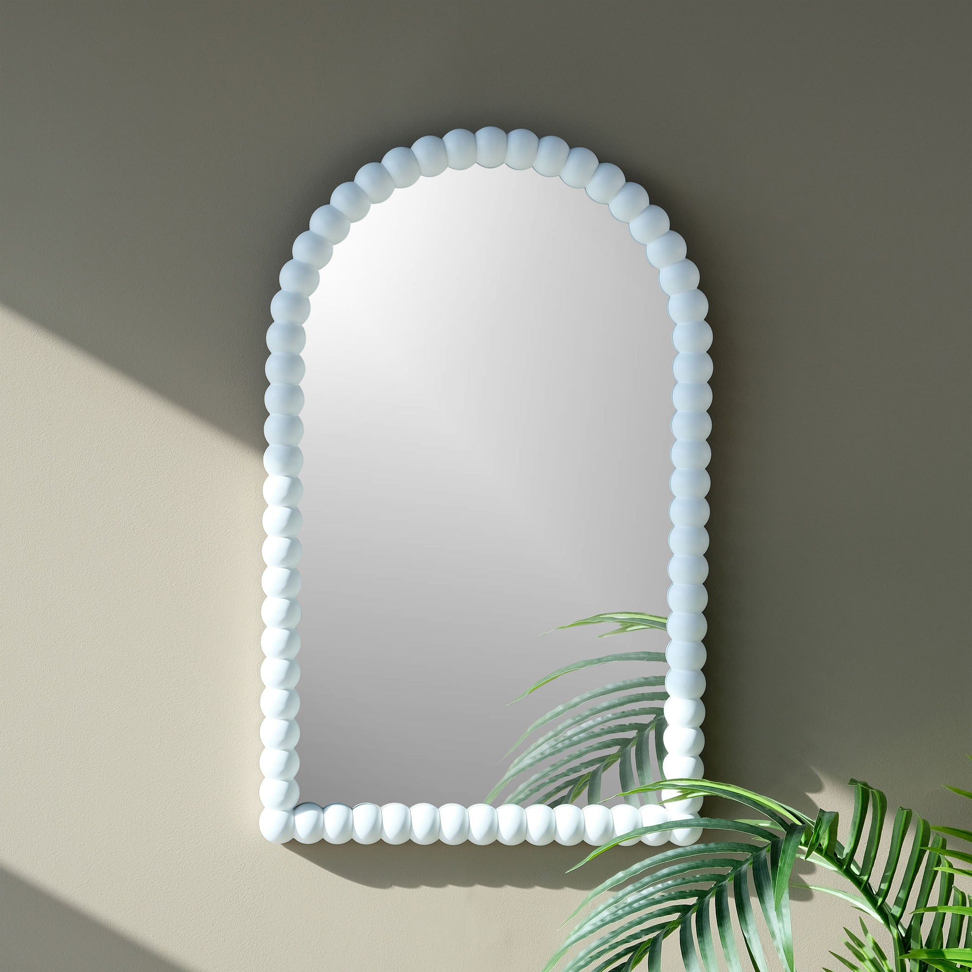 White wash ball frame arch mirror