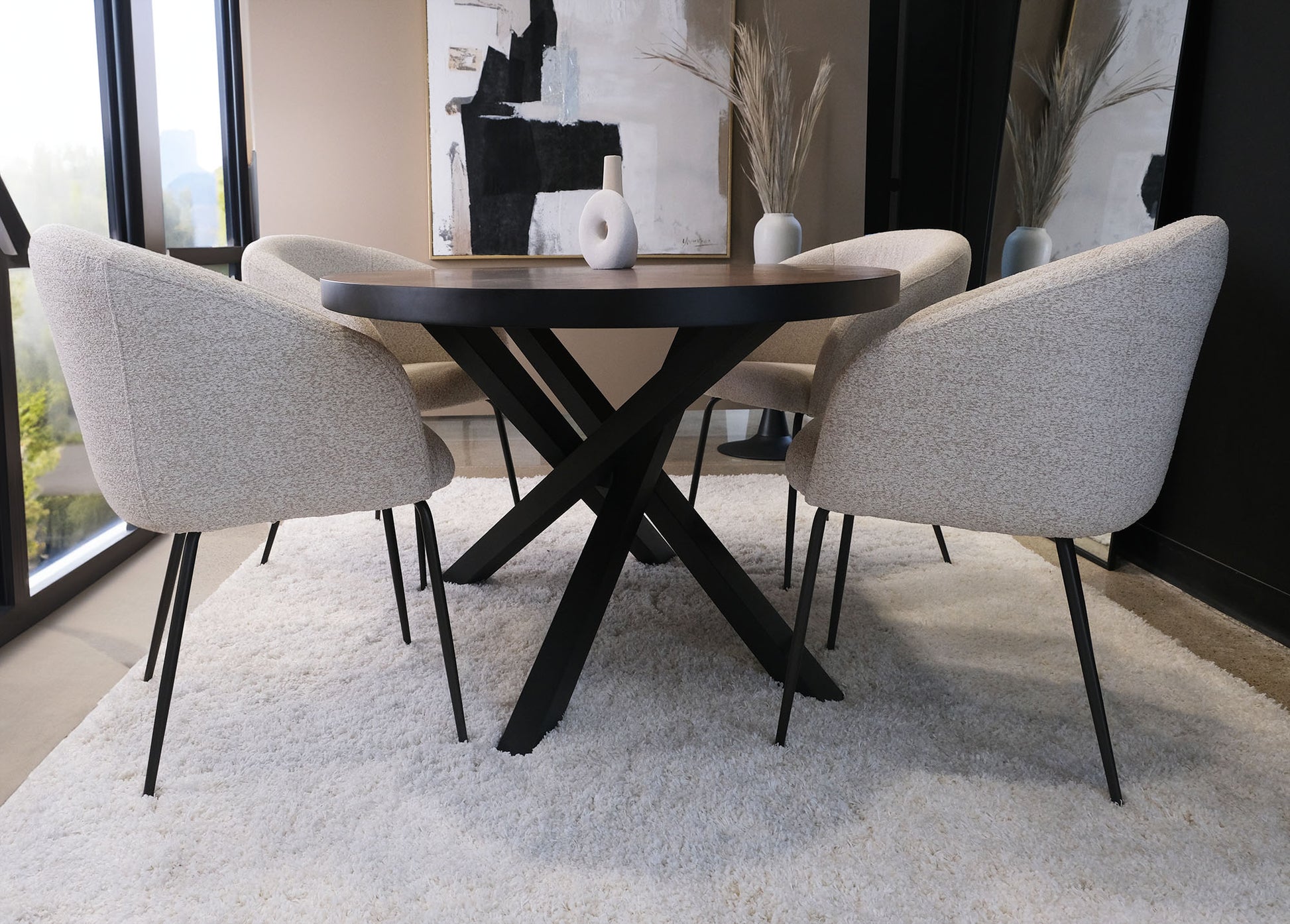 Dining setting with contemporary oatmeal dining chairs 